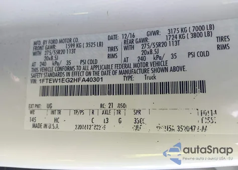 2017 Ford F-150 Lariat z USA, uszkodzony, nr VIN 1FTEW1EG2HFA40301